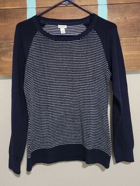 L.L. Bean Navy and White Patterned Raglan Cashmere Blend Crew Sweater Small